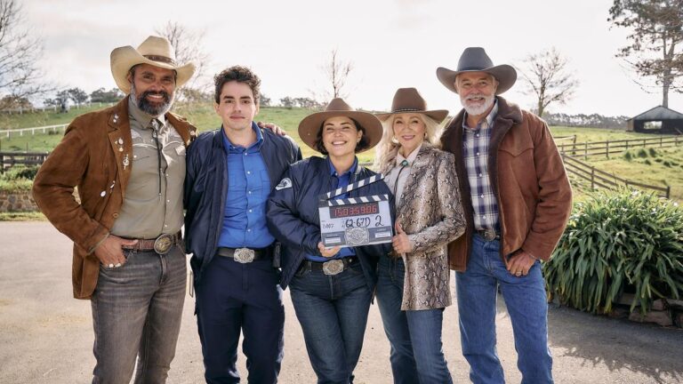 Cast of ABC drama Rural Crime Unit together on a rural location
