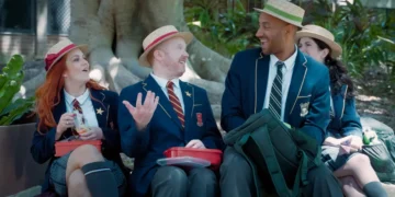 The cast in school uniforms and boaters in Class Clowns on ABC