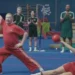 Class Clowns contestants take part in a gym challenge