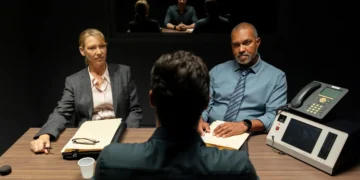 Detectives question a suspect in an interview room in Dustfall on ABC