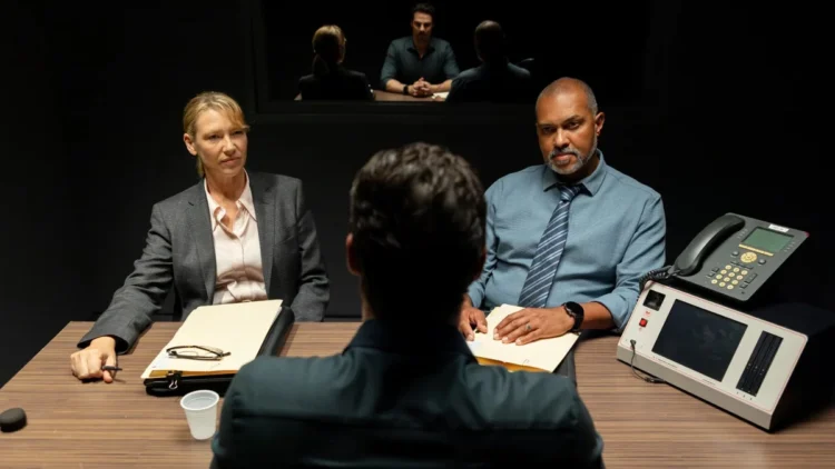 Detectives question a suspect in an interview room in Dustfall on ABC