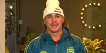 Reece Walsh in a Kangaroos jacket joining The Agenda Setters Rugby League live on Channel 7