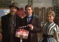 David Thewlis, Thomas Brodie-Sangster and Maia Mitchell on The Artful Dodger season three set