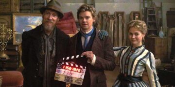 David Thewlis, Thomas Brodie-Sangster and Maia Mitchell on The Artful Dodger season three set