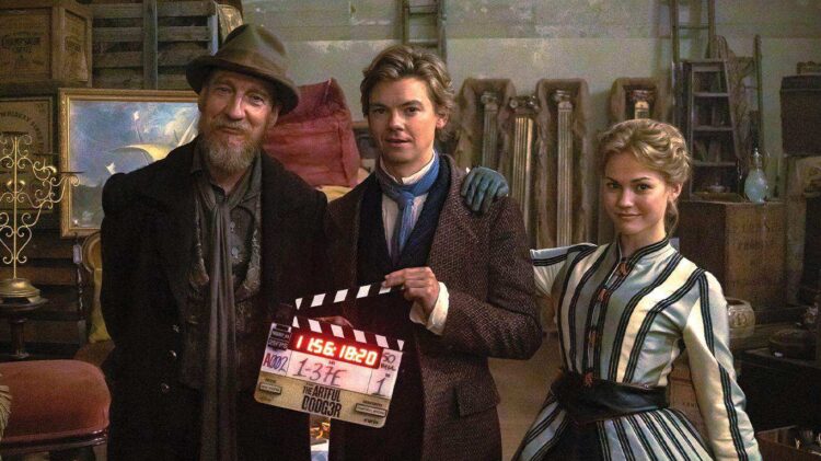 David Thewlis, Thomas Brodie-Sangster and Maia Mitchell on The Artful Dodger season three set