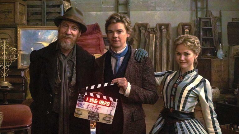 David Thewlis, Thomas Brodie-Sangster and Maia Mitchell on The Artful Dodger season three set