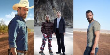 Three Australian crime dramas: Jay Swan in Mystery Road, the Deadloch detectives on a Tasmanian beach, and The Tourist in the South Australian outback