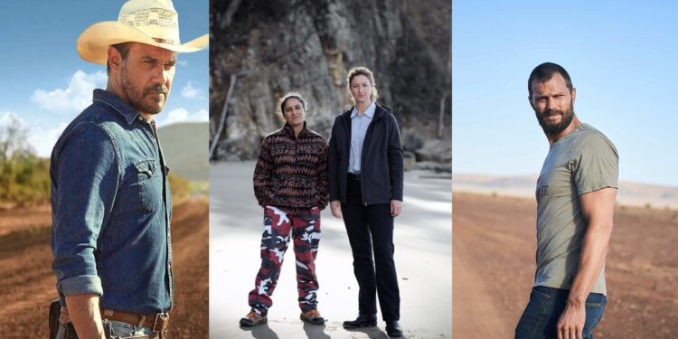 Three Australian crime dramas: Jay Swan in Mystery Road, the Deadloch detectives on a Tasmanian beach, and The Tourist in the South Australian outback
