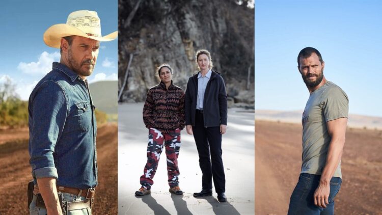 Three Australian crime dramas: Jay Swan in Mystery Road, the Deadloch detectives on a Tasmanian beach, and The Tourist in the South Australian outback