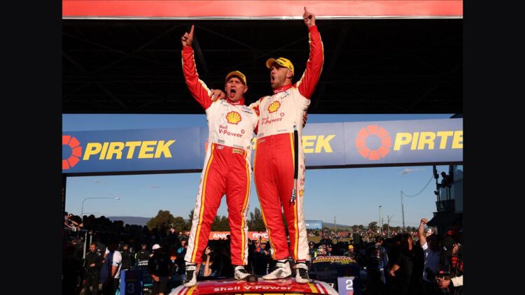 Brodie Kostecki and Todd Hazelwood celebrate winning the 2026 Bathurst 1000
