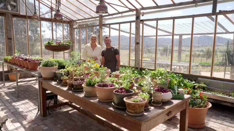 Johanna and Troy Rhoades-Brown in Troy's greenhouse on Better Homes and Gardens