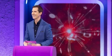Jimmy Carr at the Big Fat Quiz lectern