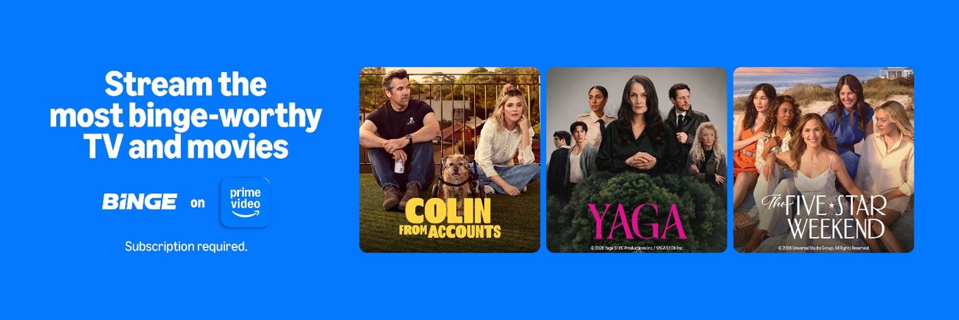 Official BINGE on Prime Video launch artwork showing Colin From Accounts, Yaga and The Five Star Weekend