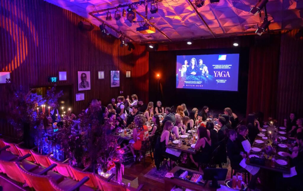 Guests seated for dinner in Restaurant Hubert’s Theatre Royale for the BINGE YAGA premiere screening