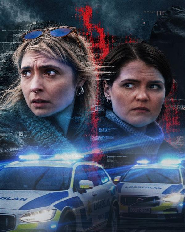 Artwork for the Icelandic thriller Signals featuring its two leads and police vehicles