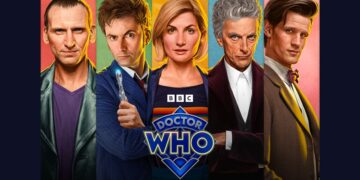 Christopher Eccleston, David Tennant, Jodie Whittaker, Peter Capaldi and Matt Smith in Doctor Who artwork