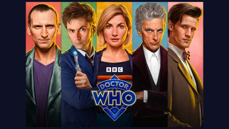 Christopher Eccleston, David Tennant, Jodie Whittaker, Peter Capaldi and Matt Smith in Doctor Who artwork