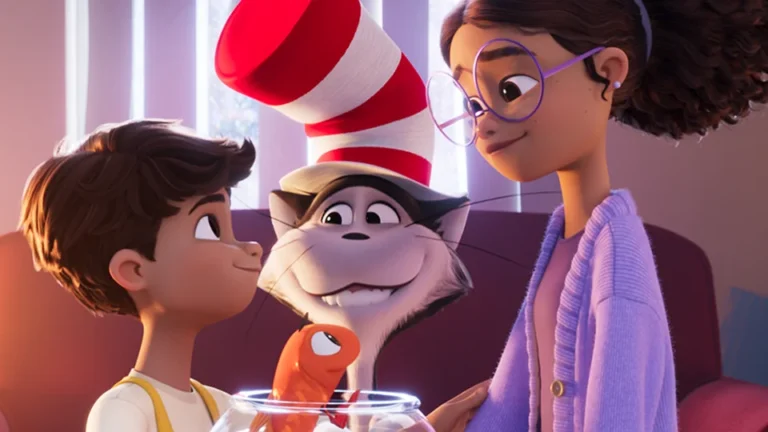The Cat in the Hat smiles between Gabby and Sebastian in the animated film