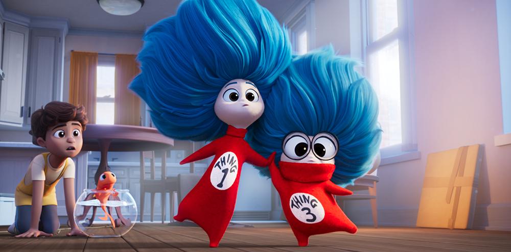 Two Things with blue hair surprise Sebastian in The Cat in the Hat