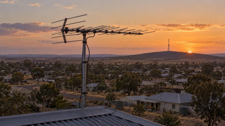 Illustrative television aerial overlooking a regional Australian town at sunset