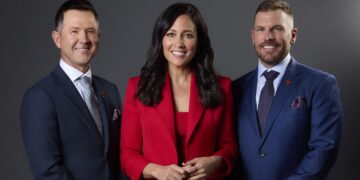 Ricky Ponting, Mel McLaughlin and Aaron Finch for Channel 7 cricket coverage