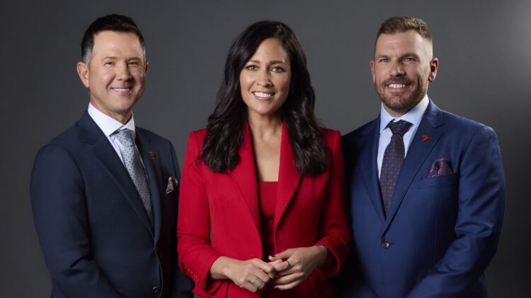 Ricky Ponting, Mel McLaughlin and Aaron Finch for Channel 7 cricket coverage
