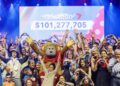 Telethon children, stars and supporters celebrate on stage in front of the record $101,277,705 Channel 7 Telethon 2026 total