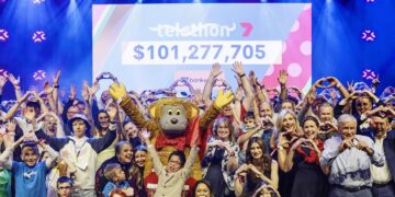 Telethon children, stars and supporters celebrate on stage in front of the record $101,277,705 Channel 7 Telethon 2026 total