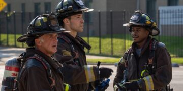 Three firefighters in turnout gear in Chicago Fire episode Primary Search on Channel 7