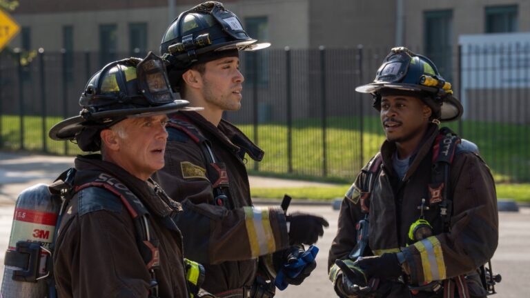 Three firefighters in turnout gear in Chicago Fire episode Primary Search on Channel 7