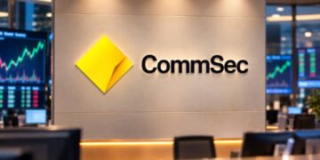 CommSec logo in a financial newsroom setting