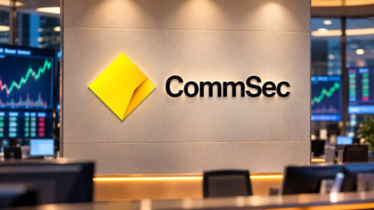 CommSec logo in a financial newsroom setting