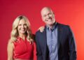 Channel 7 cricket presenters Emma Freedman and Jason Richardson against a red background
