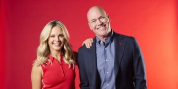 Channel 7 cricket presenters Emma Freedman and Jason Richardson against a red background