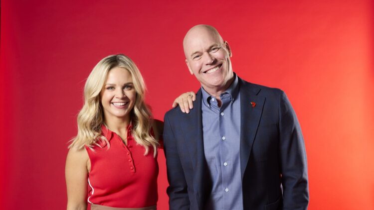Channel 7 cricket presenters Emma Freedman and Jason Richardson against a red background