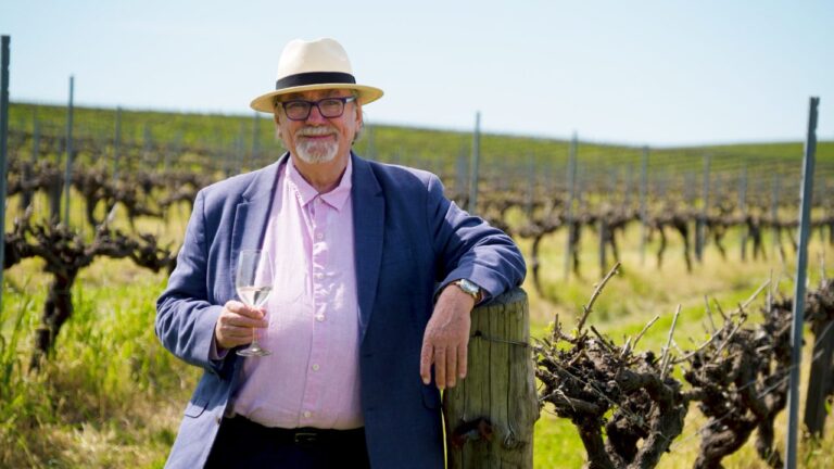 News24 Wine and Travel Editor Des Houghton holding a glass of white wine in a vineyard