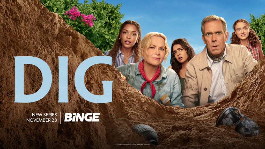 Official Dig key art featuring Amy Poehler and Hugh Laurie
