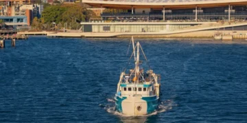 Fishing boat approaching the Sydney Fish Market waterfront