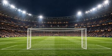 Illustrative football stadium and goal under floodlights
