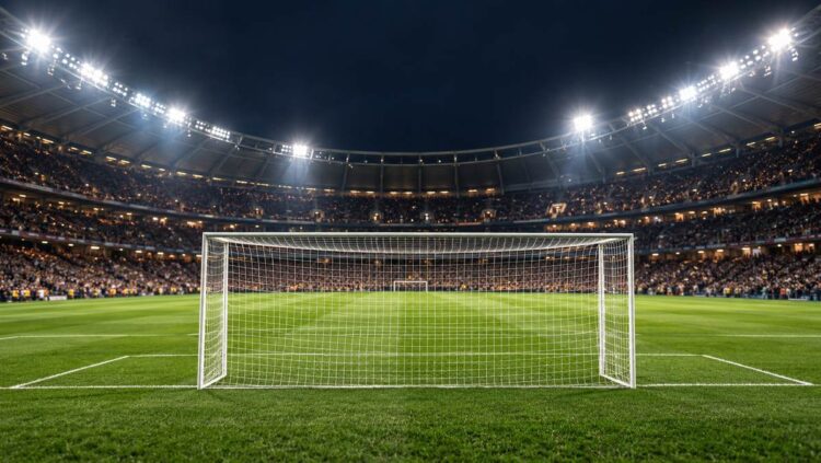 Illustrative football stadium and goal under floodlights