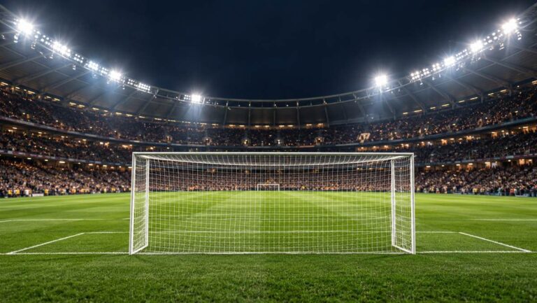 Illustrative football stadium and goal under floodlights