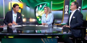 The Fox Cricket studio panel at the desk ahead of Australia's Test series in South Africa