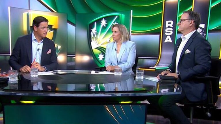 The Fox Cricket studio panel at the desk ahead of Australia's Test series in South Africa