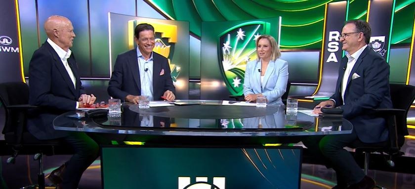 The Fox Cricket studio panel shares a laugh during coverage of the South Africa Test series