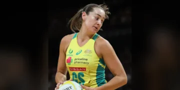 Australian Diamonds player holding a netball during the Constellation Cup