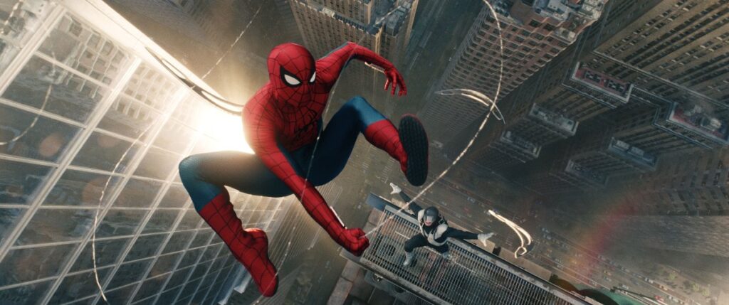 Spider-Man swings between buildings in Spider-Man: Brand New Day