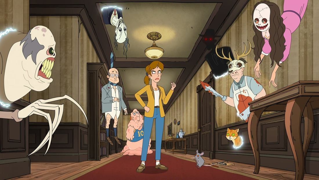 Katherine and ghostly hotel residents in Haunted Hotel