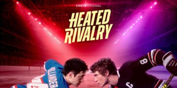 Shane Hollander and Ilya Rozanov face each other on the ice beneath the Heated Rivalry title