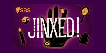 Official purple artwork for SBS Audio podcast Jinxed! featuring a black hand surrounded by superstition symbols