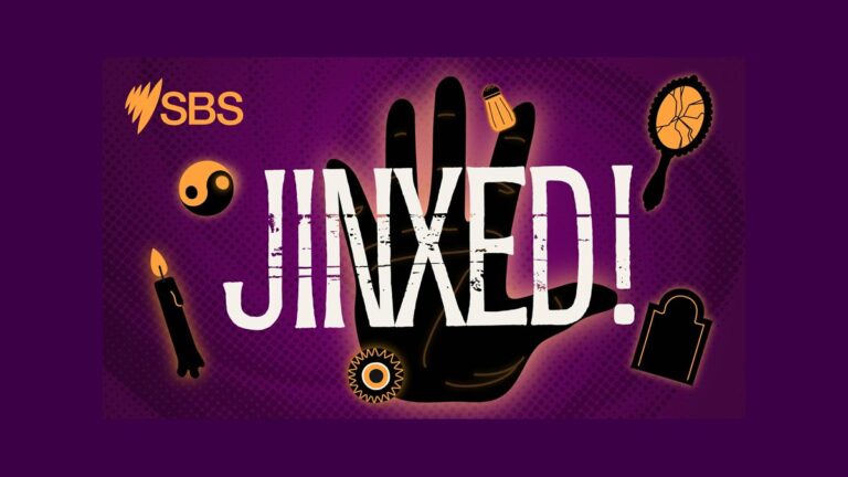 Official purple artwork for SBS Audio podcast Jinxed! featuring a black hand surrounded by superstition symbols